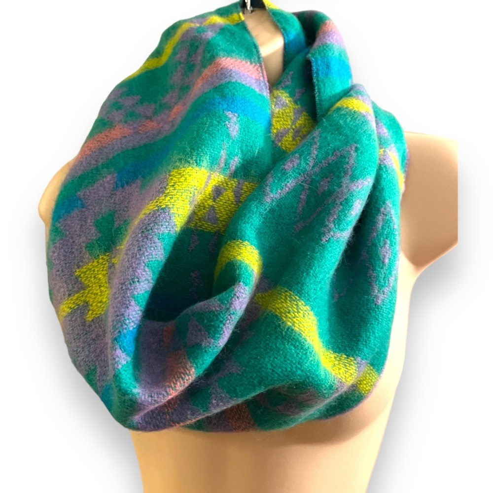 Aztec Southwestern Print Soft Fuzzy Infinity Loop Scarf Teal Multicolor Boho